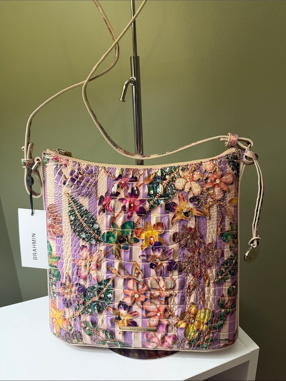 Brahmin NWT Katie Pinstripe Petals Melbourne Croc-Embossed Leather Crossbody - Picture 1 of 5